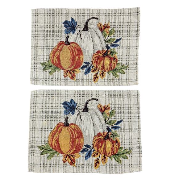 Fall Pumpkin Leaves Tapestry Placemats Autumn Decor Orange White Blue Grey - Picture 1 of 10